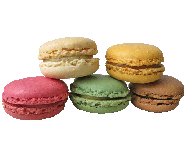 Airy almond meringue cookies, crispy on the outside with soft fillings. Assortment of five flavours; raspberry, pistachio, salted butter caramel, vanilla, chocolate ganache.