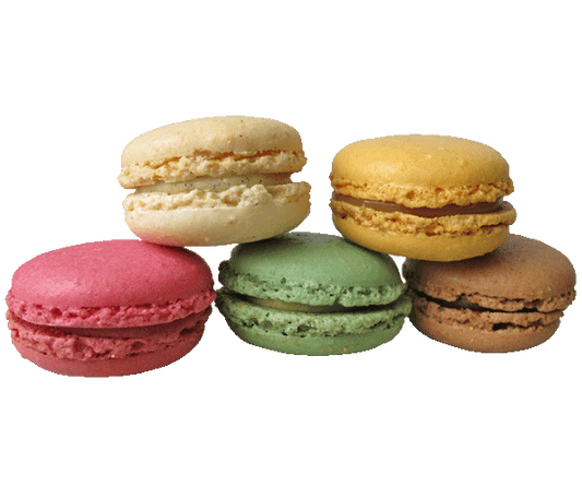 Airy almond meringue cookies, crispy on the outside with soft fillings. Assortment of five flavours; raspberry, pistachio, salted butter caramel, vanilla, chocolate ganache.